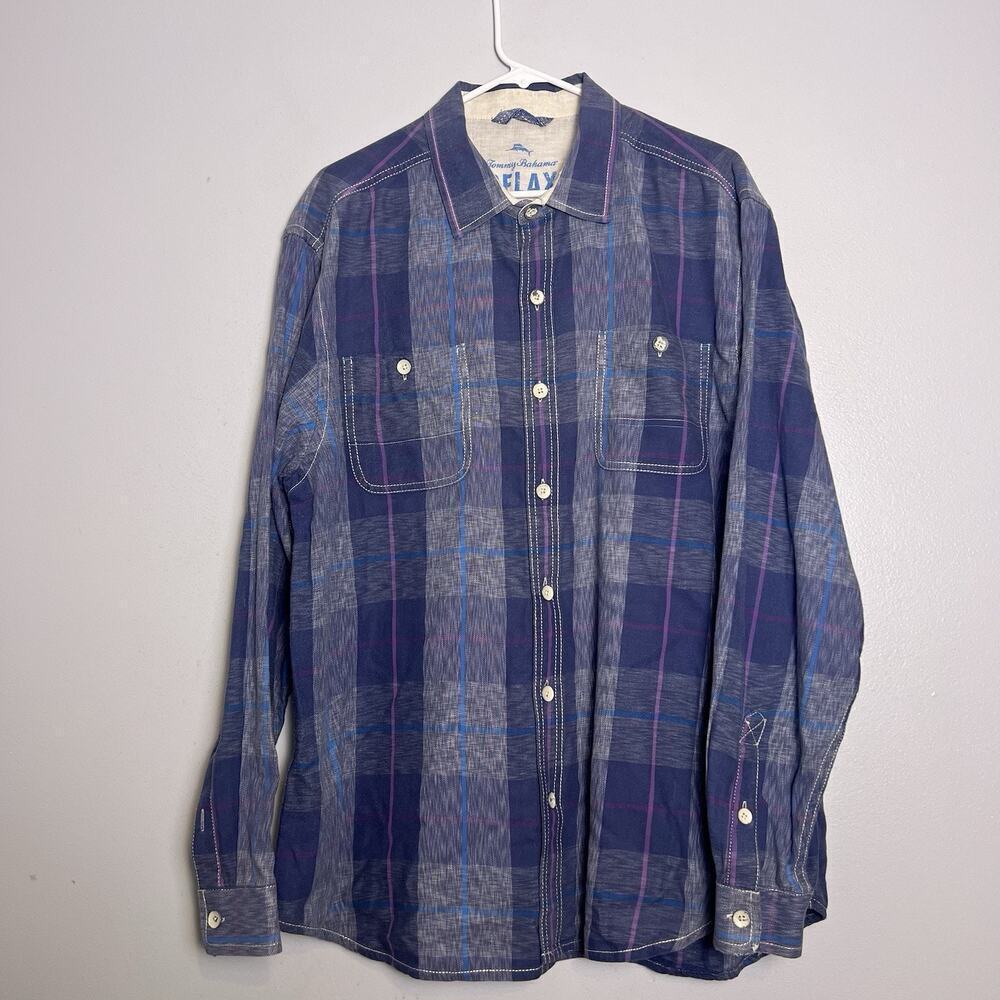 Tommy Bahama Men's Blue Gray Purple Plaid Button Up Shirt Sz XL